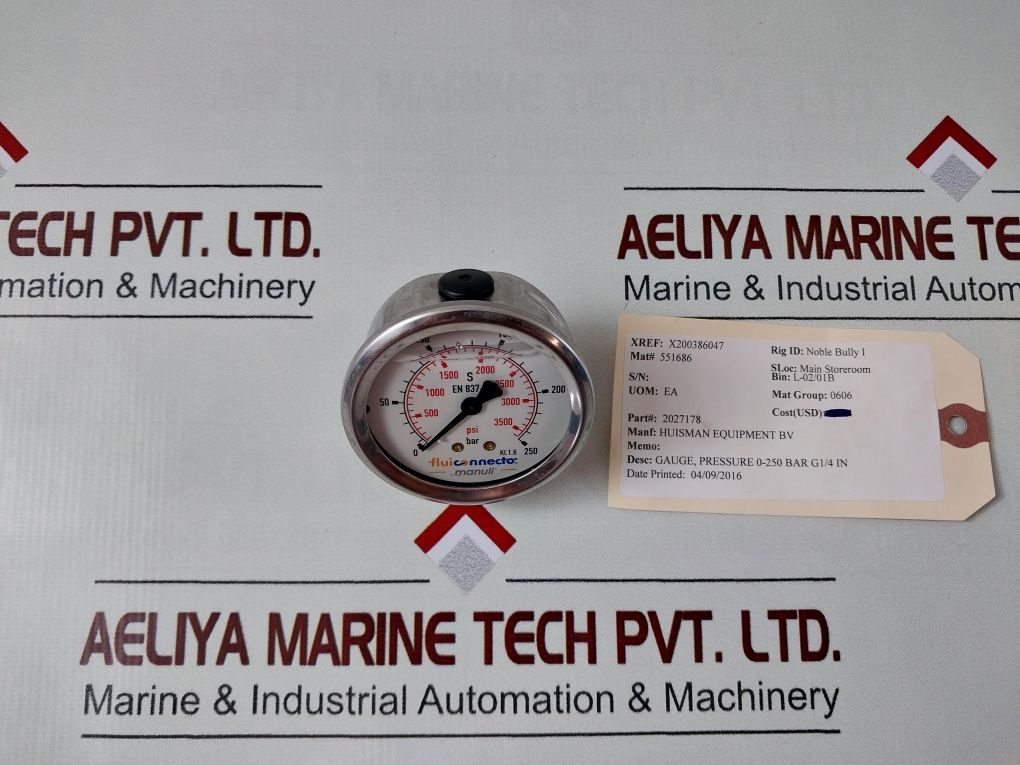 Fluiconnecto En 837 Kl. 1.6 Pressure Gauge 0-250 Bar & 0-3500 Psi