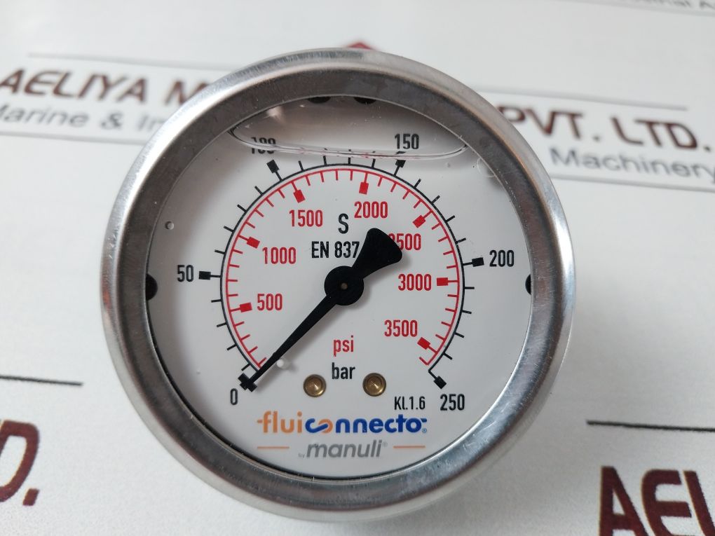 Fluiconnecto En 837 Kl. 1.6 Pressure Gauge 0-250 Bar & 0-3500 Psi