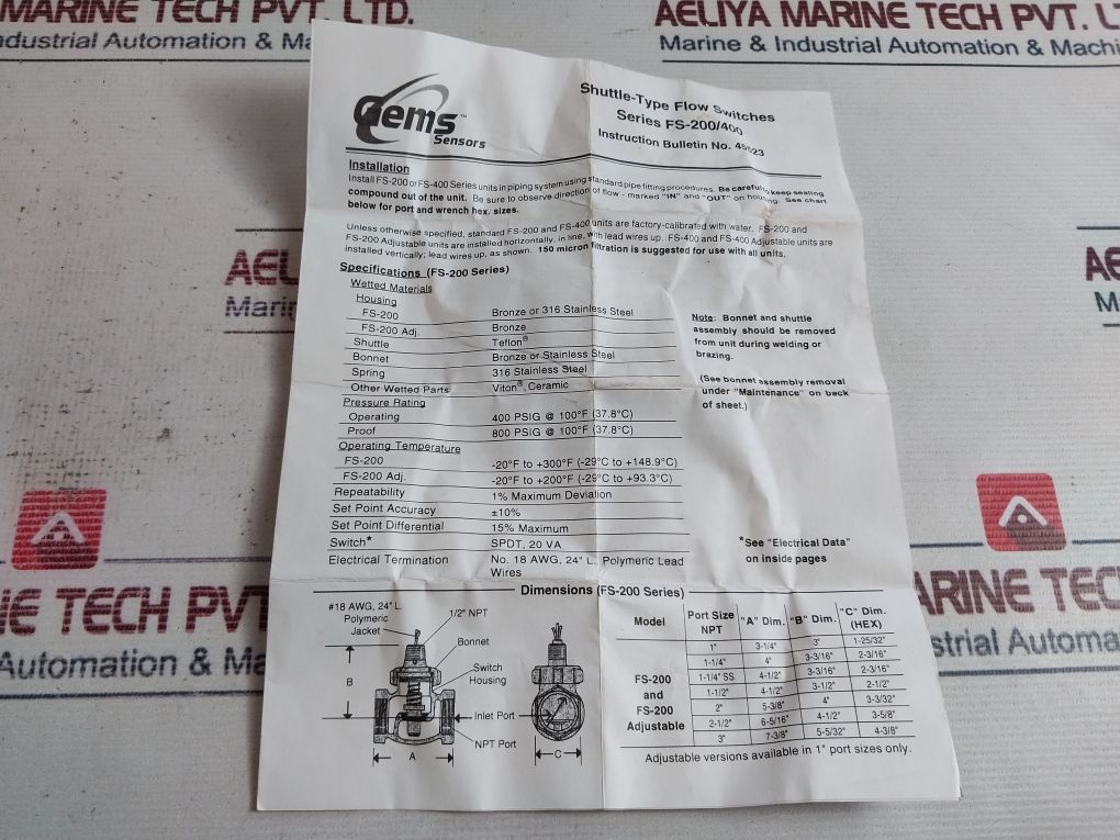 Gems Sensors 27059 Shuttle-type Flow Switch