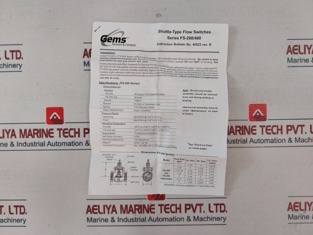 Gems Sensors Fs200 Shuttle-type Flow Switches