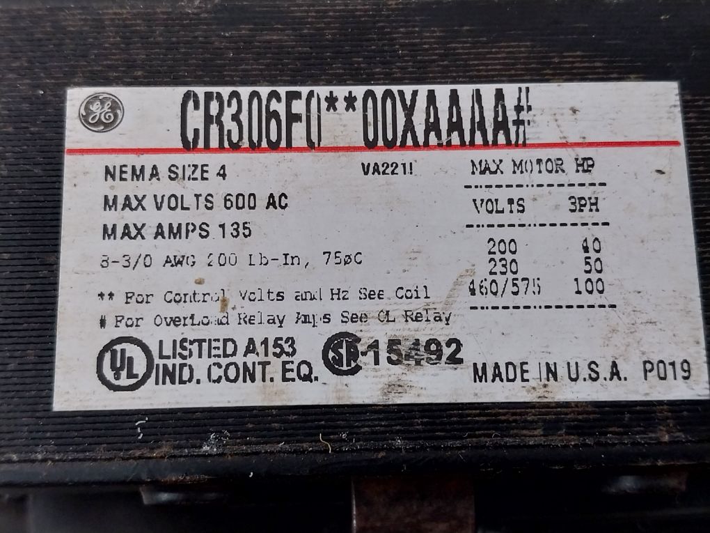 General Electric Cr306F00200Xaaaam Magnetic Starter