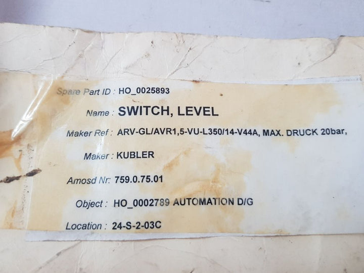 Heinrich Kubler Alvr1,5-vu-l350-svk44A-gl/Bv Level Switch
