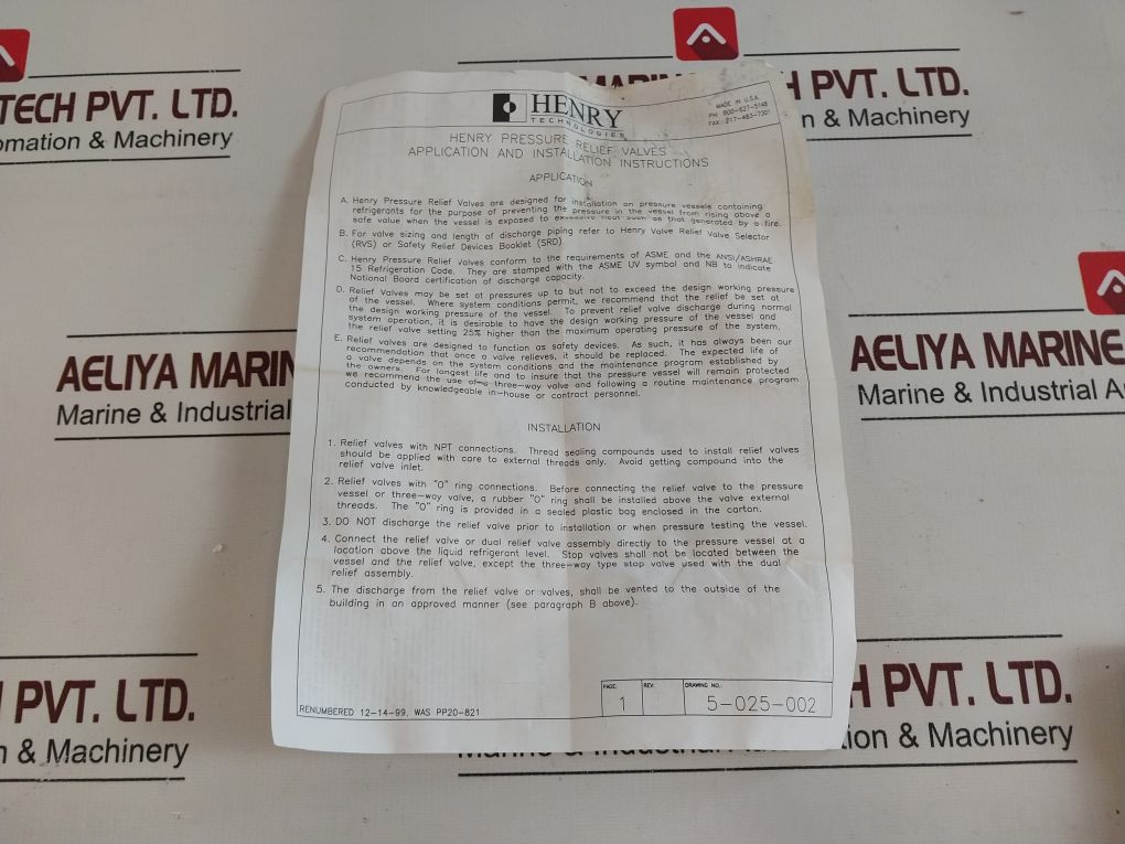 Henry Valve 5242-3/4 Relief Valve