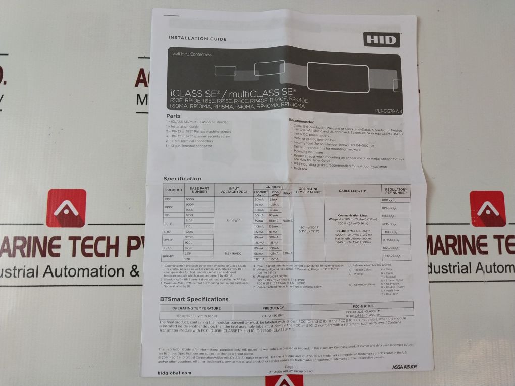 Hid Global 900Ntnnek00000 Se R10 Mini Mullion Reader Plt-01579 Rev A.5