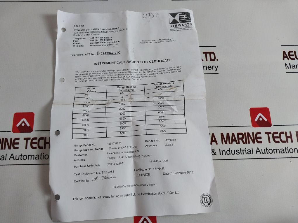 Hitec Products/Stewart 316 S.S. Tube Pressure Gauge 0-8000 Psi