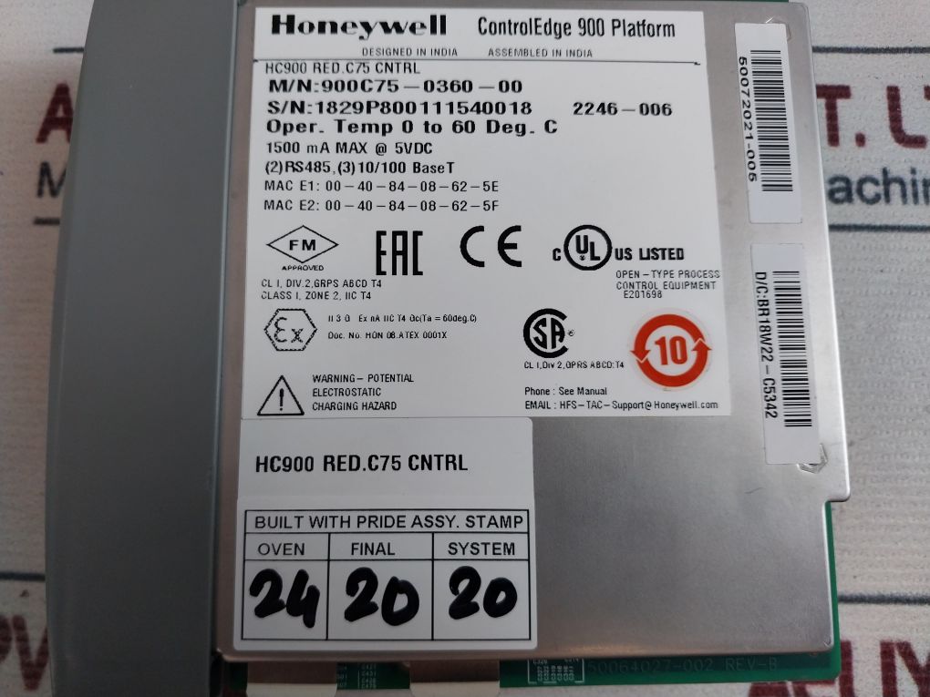 Honeywell 900C75-0360-00 Controller C75 Cpu Module 50072021-102