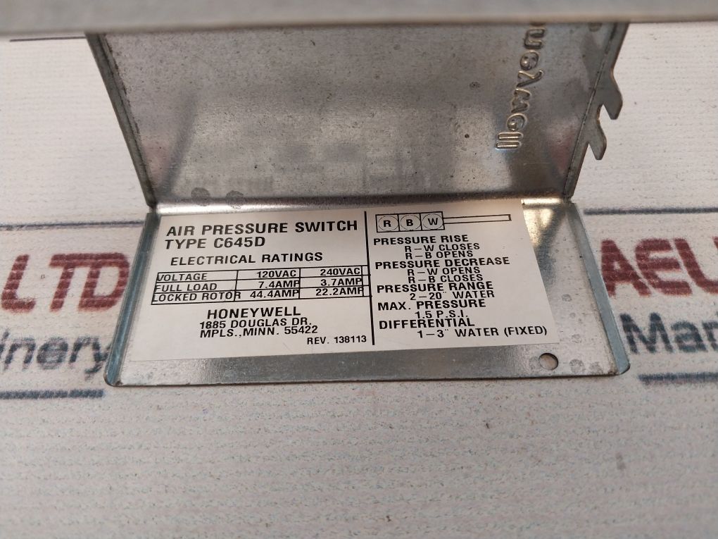 Honeywell C645D Air Pressure Switch