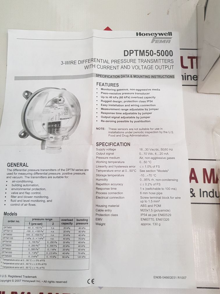 Honeywell Dptm50 Differential Pressure Transmitter