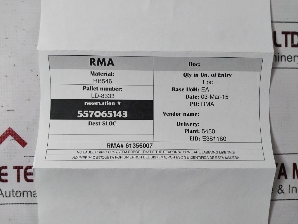 Honeywell Hb546-bvsf-tksn-15St-000 Sensor Hb546