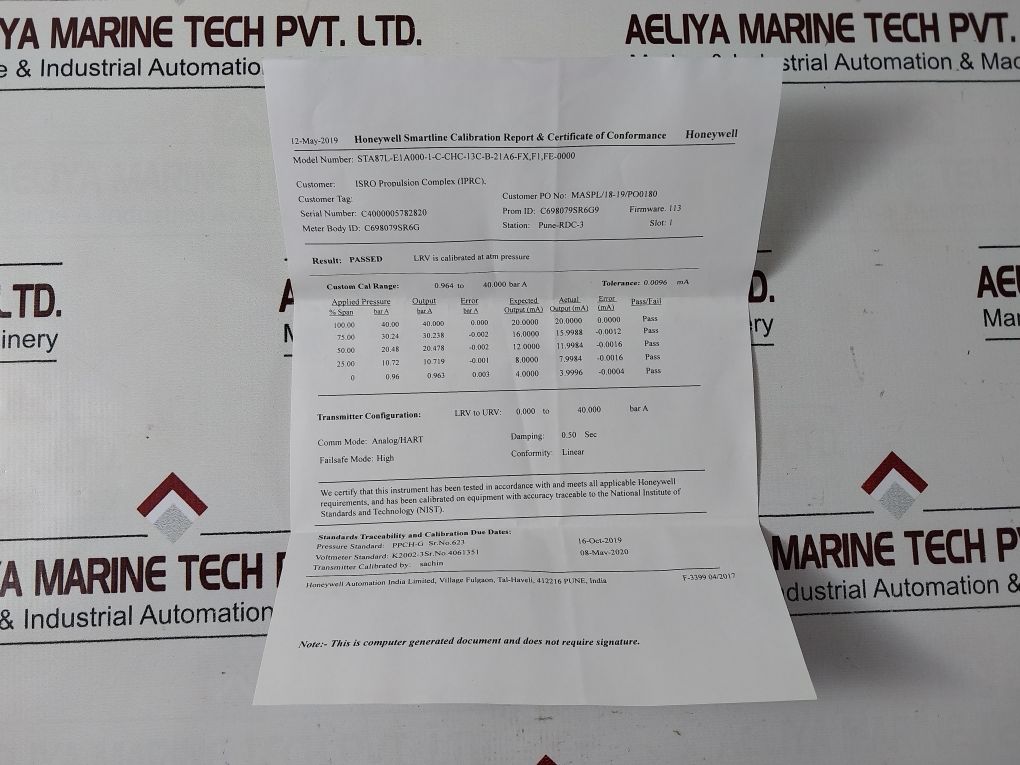 Honeywell Sta87L-e1A000-1-c-chc-13C-b-21A6-fx,F1,Fe-0000 Pressure Transmitter