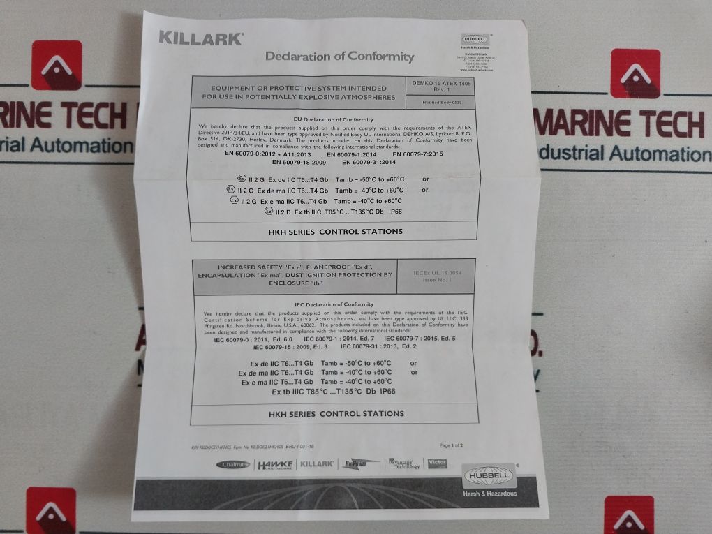 Hubbell Hkh1Bndgep11P11 Hkh Series Ex On/Off Control Station