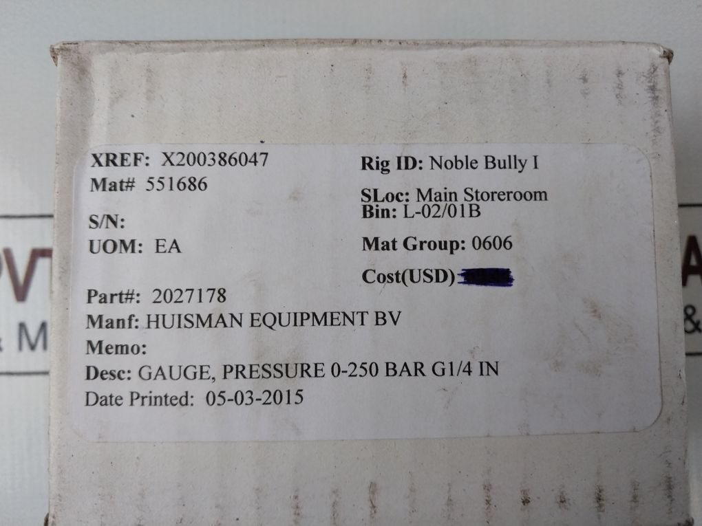 Huisman En 837-1 Cl. 1.6 Pressure Gauge 0-250 Bar Free Shipping