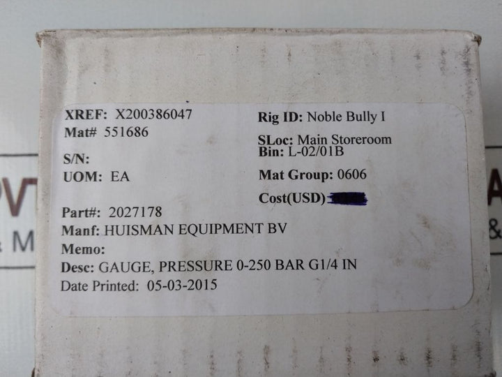 Huisman En 837-1 Cl. 1.6 Pressure Gauge 0-250 Bar Free Shipping