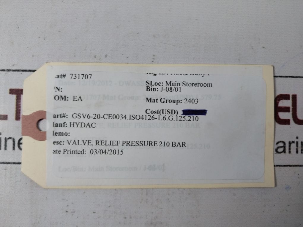 Hydac Gsv6-10-ce1637 Gas Safety Valve 350 Bar