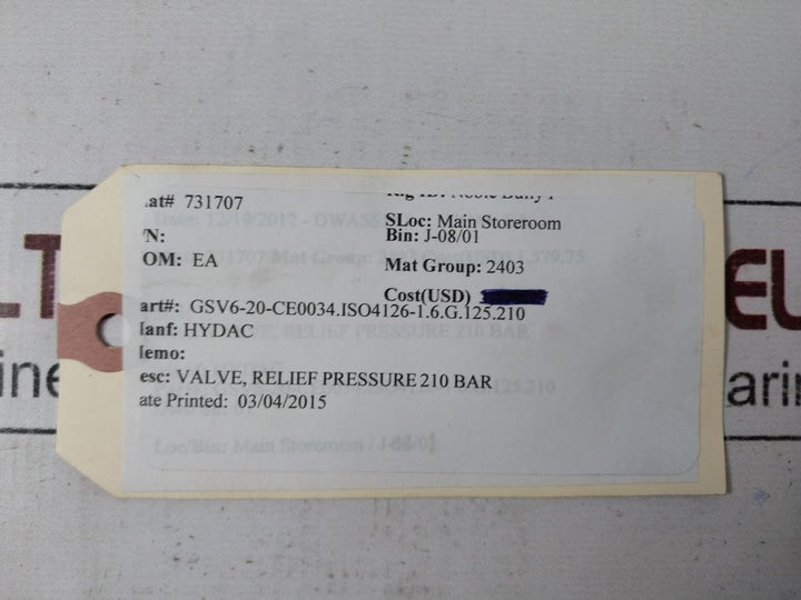 Hydac Gsv6-10-ce1637 Gas Safety Valve 350 Bar