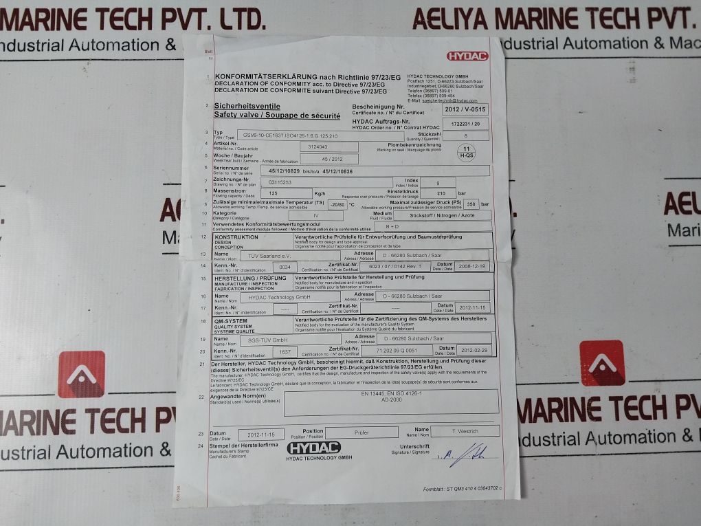 Hydac Gsv6-10-ce1637 Gas Safety Valve 350 Bar