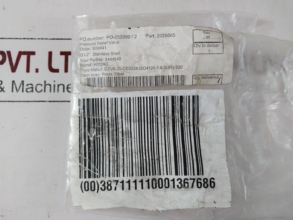 Hydac Gsv6-20-ce-1637 Gas Safety Valve Gsv6-20-ce-1637