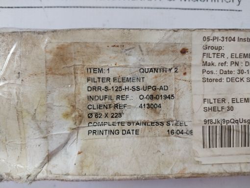 Indufil Drr-s-125-h-ss-upg-ad Filter Element