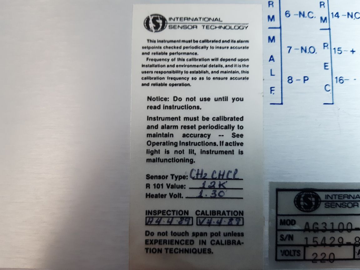 International Sensor Technology Ag3100-2 Gas Monitor Ch2Chcl
