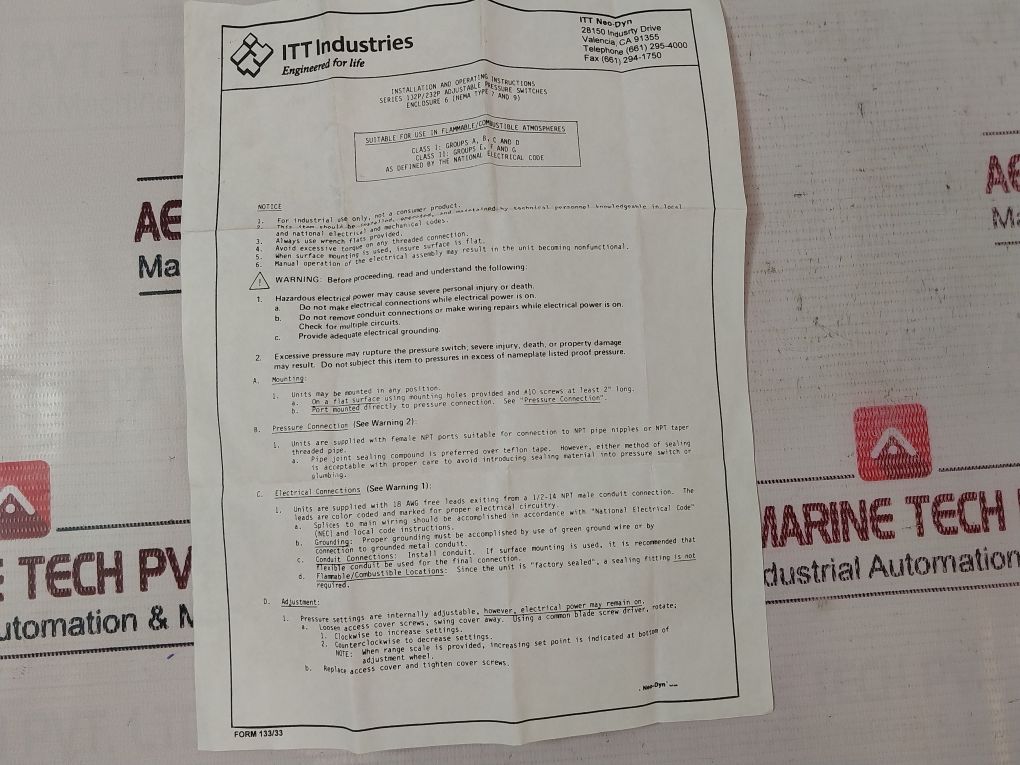 Itt 232P43C6Bh Adjustable Pressure Switch