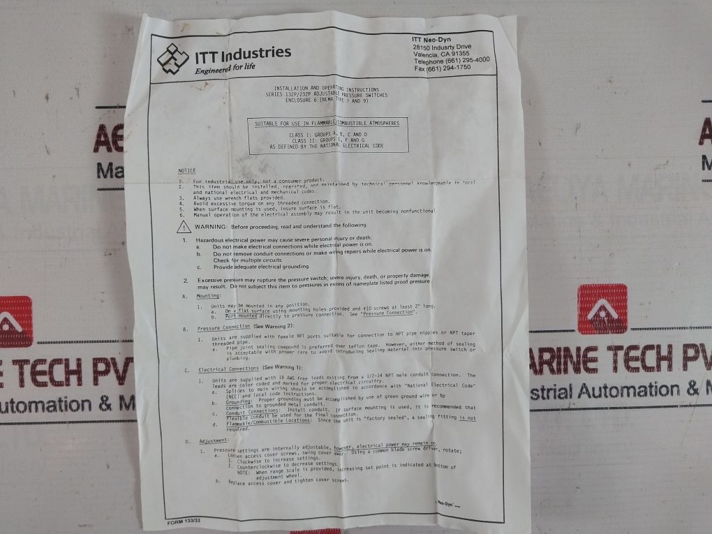 Itt 232P44C6 Adjustable Pressure Switch 6550171