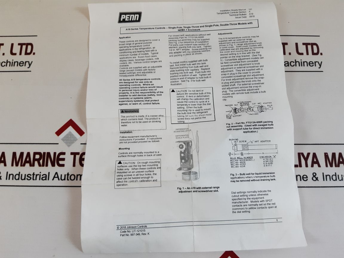 Johnson Controls A19Bbc-2 Temperature Controls -30100°F