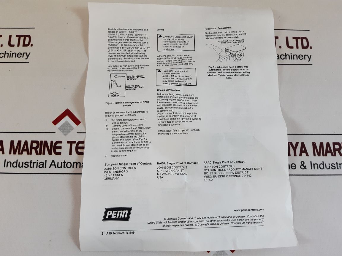 Johnson Controls A19Bbc-2 Temperature Controls -30100°F