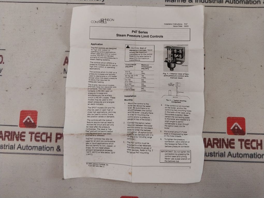 Johnson Controls P47Ga-9 Steam Pressure Limit Controls