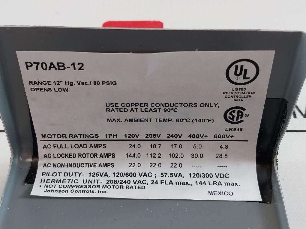 Johnson Controls P70Ab-12 Micro-set Suction Pressure Control 