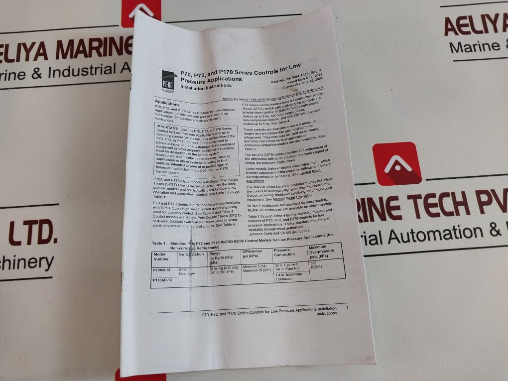 Johnson Controls P70Ab-12C Micro-set Suction Pressure Control 24-7664-1601