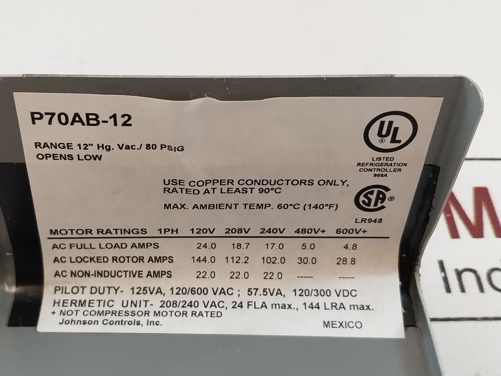 Johnson Controls P70Ab-12C Micro-set Suction Pressure Control 24-7664-1601