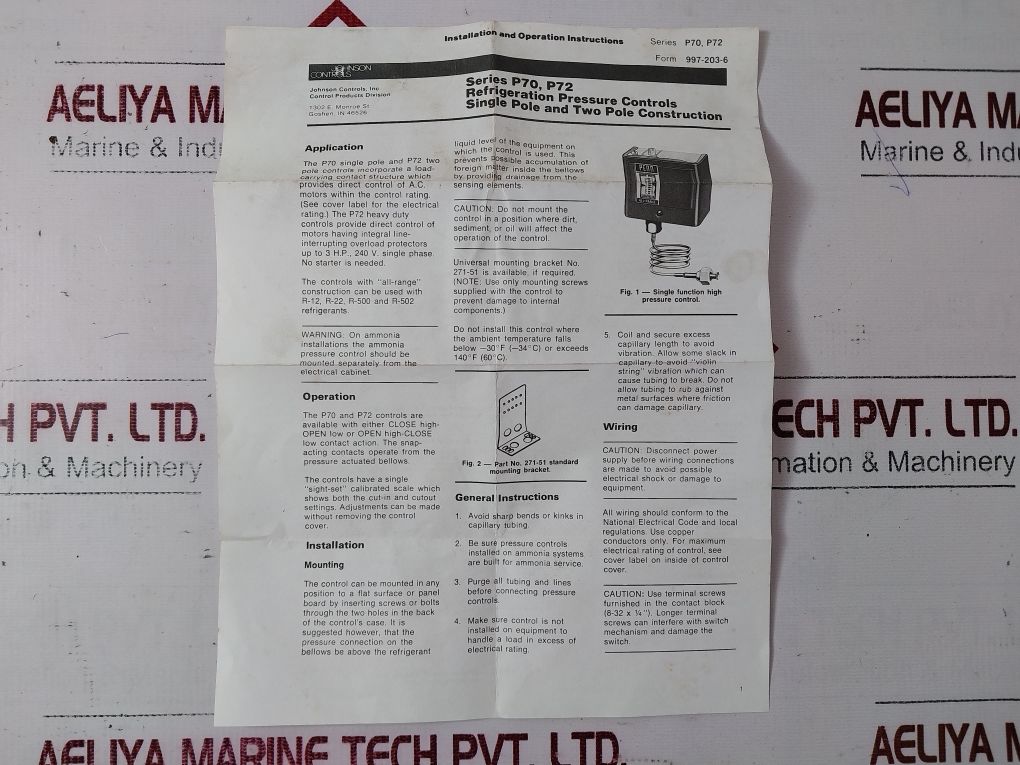 Johnson Controls P70Ab-2C Low Side Pressure Control