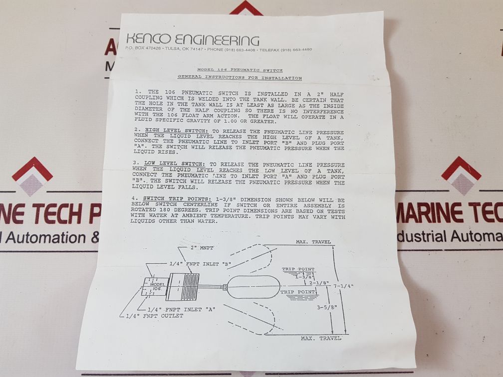 Kenco 106 Pneumatic Float Switch free shipping