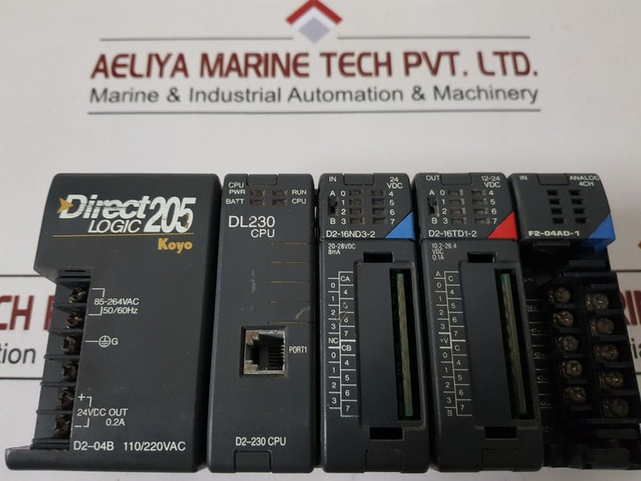 Koyo Direct Logic 205 D2-04B,Dl230 Cpu,D2-16Nd3-2,D2-16Td1-2,F2-04Ad-1 Module