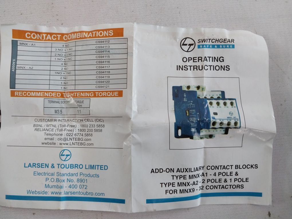 L&T Mnx-a1 Add-on Auxiliary Contact Block
