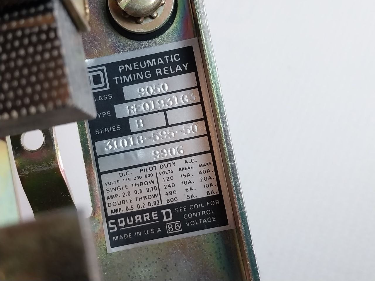 Square D 9050 Req1931G3 Pneumatic Timing Relay