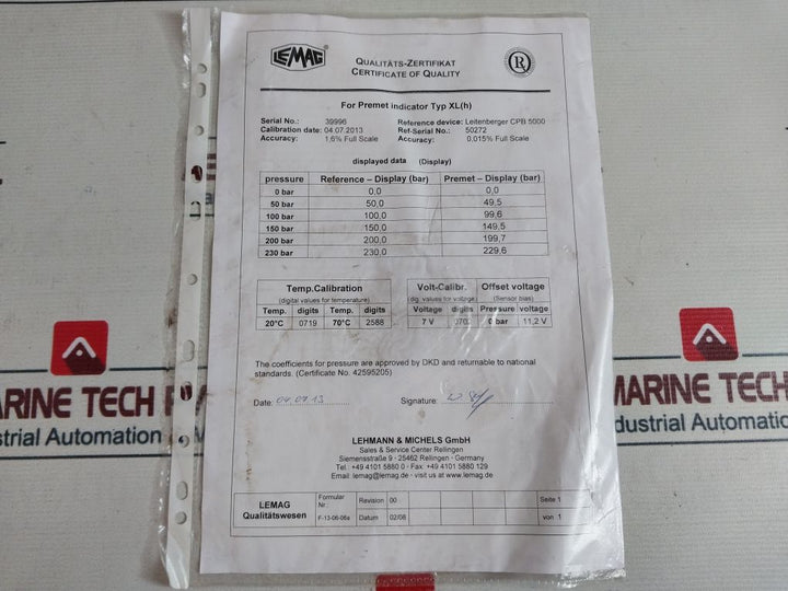 Lemag 280 40 012 Premet Xl Pressure Indicator 6613Cq11 Set