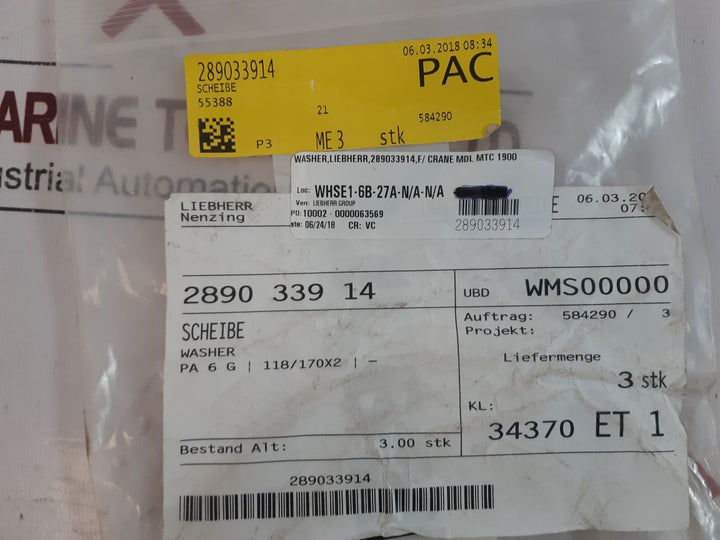 Lot Of 3X Liebherr 2890 339 14 Washer Disc 