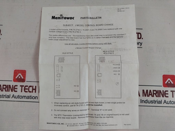 Manitowoc 2511303 J Model Control Board Change 9735A