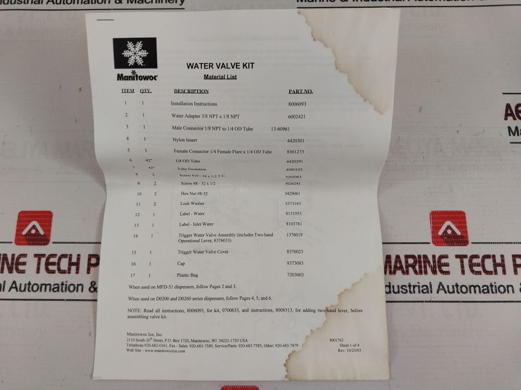 Manitowoc 83-7308-3 Water Valve Kit Model E2 24 Vac