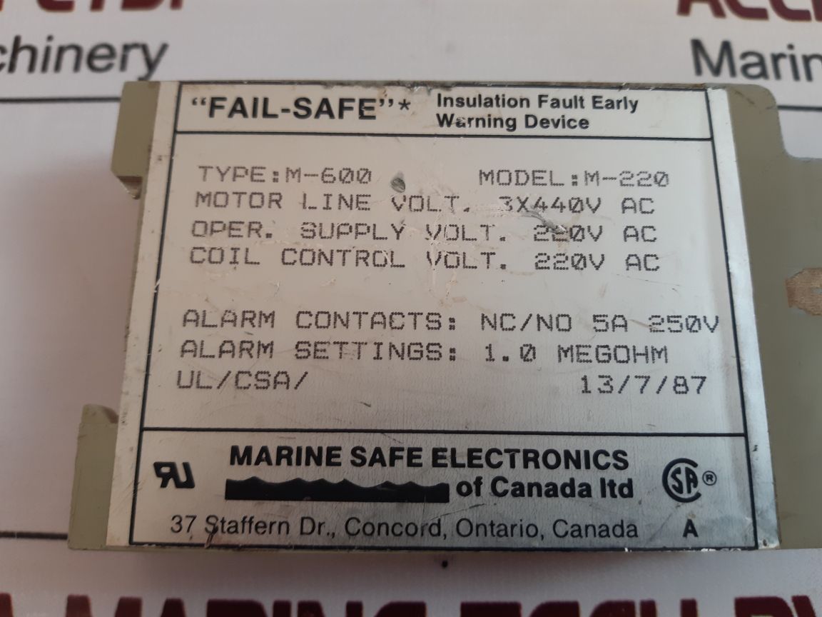 Marine Safe Electronics M-600 Insulation Fault Relay M-220 3×440 Ac