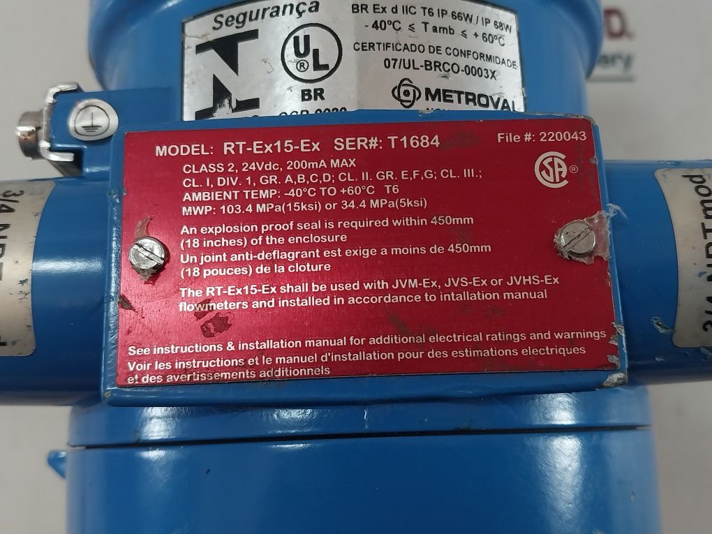 Metroval Rt-ex15-ex Flow Monitor Oi-mv-12Kg-ex