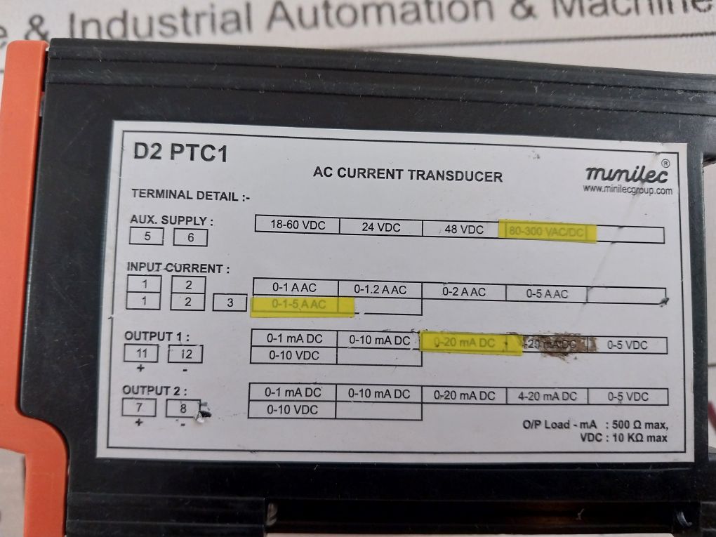 Minilec Ac Current Transducer D2 Ptc1 Class 0.5 80-300 Vac/Dc