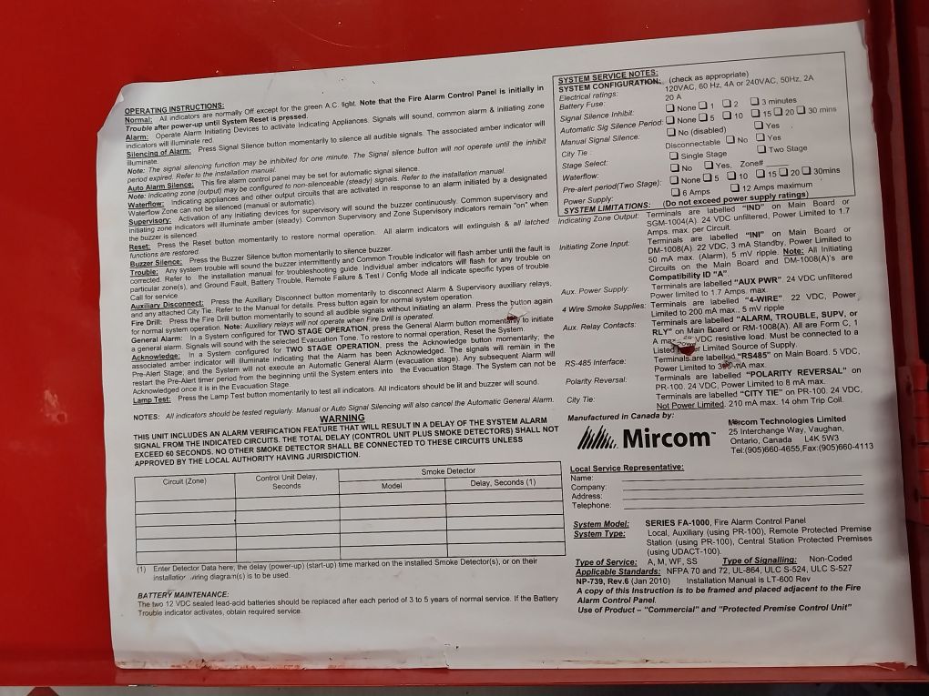 Mircom Fa-1000 Fire Alarm Control Panel