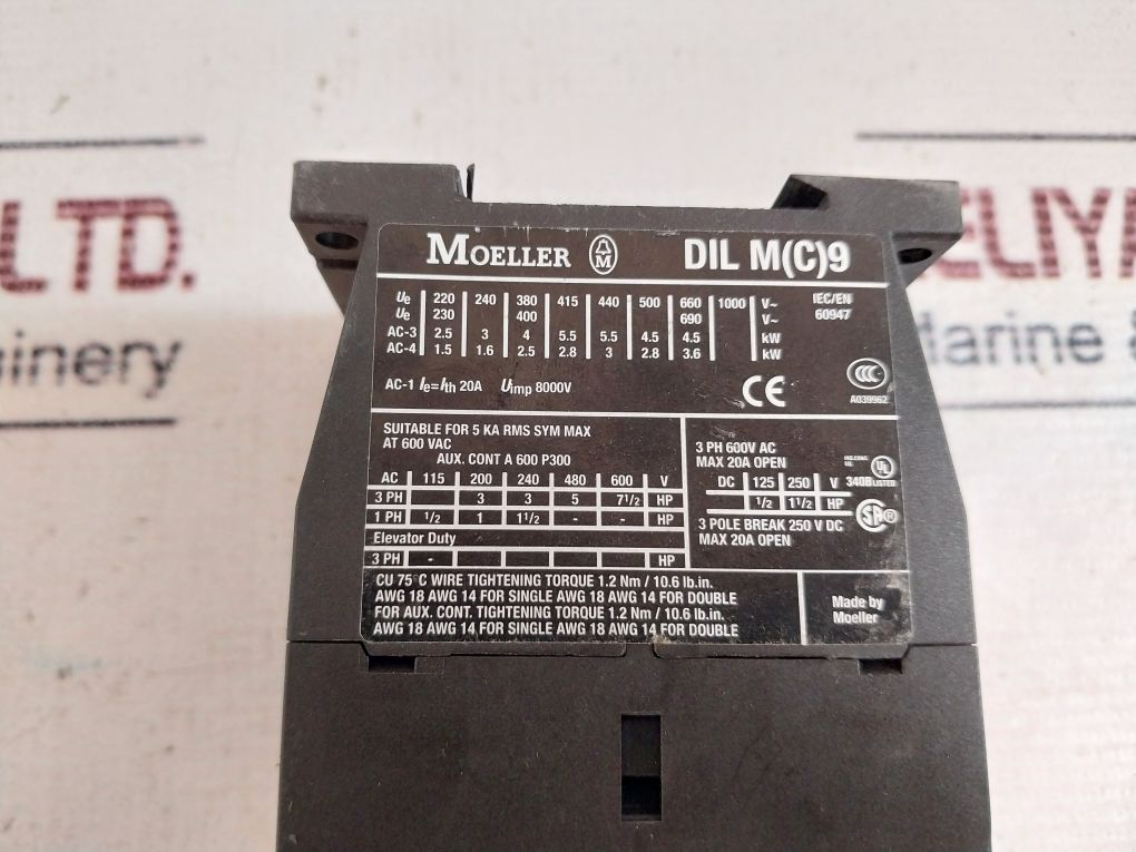 Moeller Dilm9-10 3 Pole Contactor 600V Ac