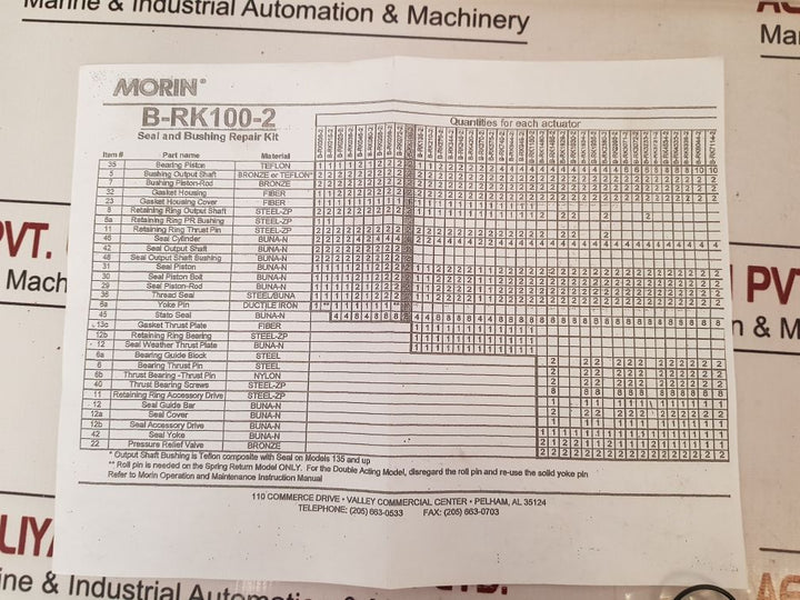 Morin b-rk-100-2 repair kit for morin pneumatic actuator