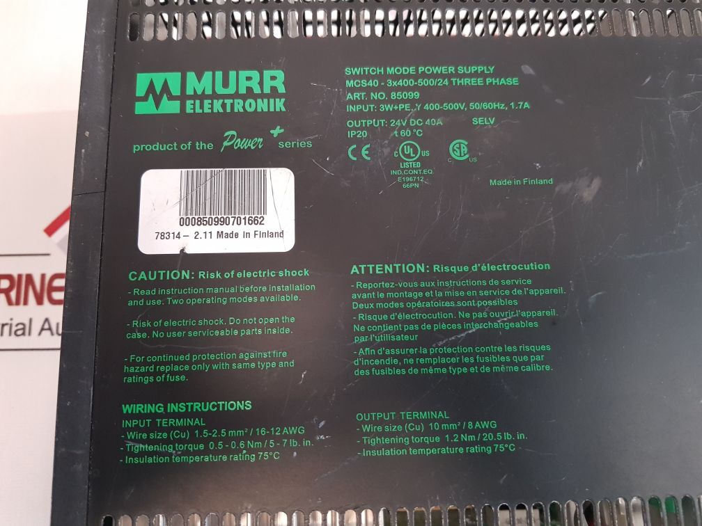 Murr Elektronik 85099 Switch Mode Power Supply Mcs40-3X400-500/24 (Not Working)