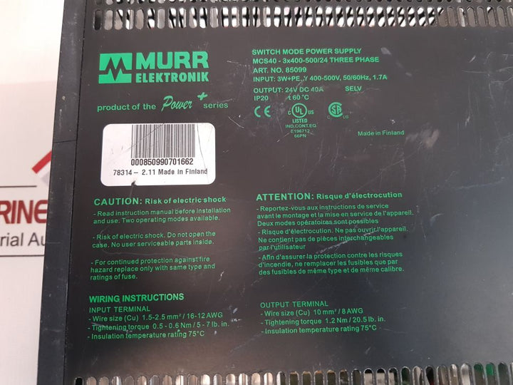 Murr Elektronik 85099 Switch Mode Power Supply Mcs40-3X400-500/24 (Not Working)