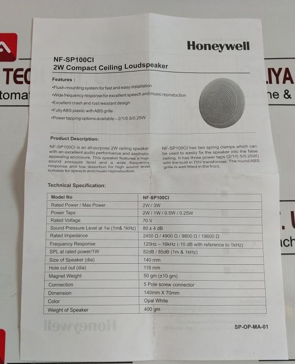 Notifier Nf-sp100Ci Ceiling Passive Speaker Nf-sp100Ci/Ul