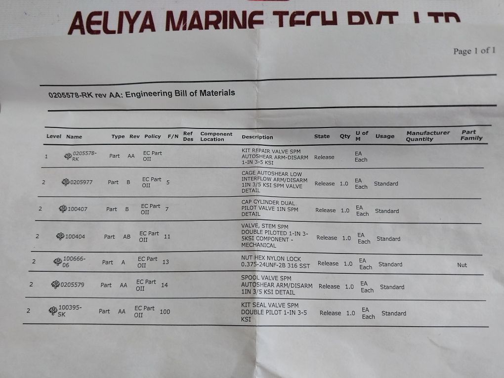 Oceaneering 0205578Rk Valve Repair Kit 